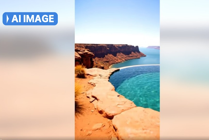 Bright blue water with rocks in the foreground.