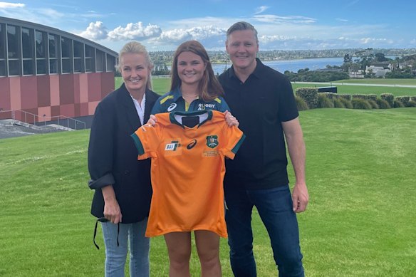 Edie Burke and parents Kate and Matt, when Edie was selected for the Australian under-18s sevens team.