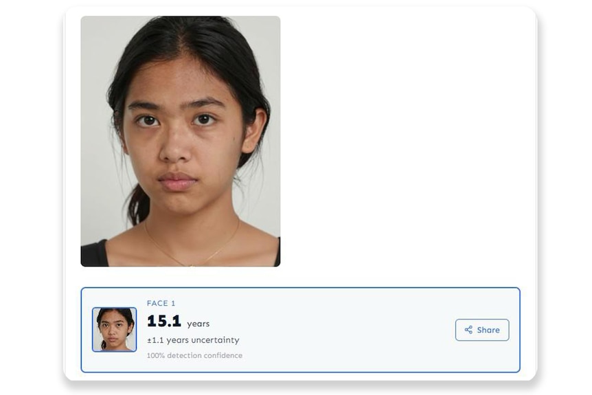An image of a young-looking character and beneath it an estimation graphic of her age that reads: 15.1 years.