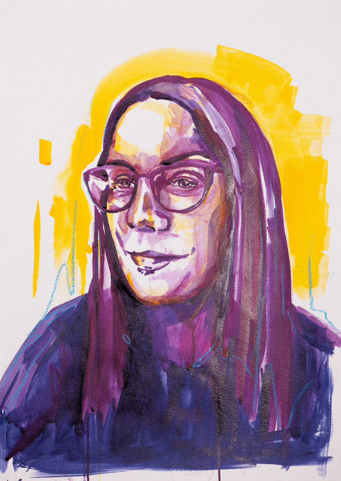A portrait of a woman with long dark hair and thick rimmed glasses painted in purples and blues.