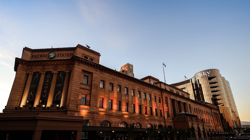 The SkyCity casino and Adelaide Railway Station building.