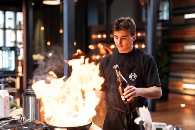 Luke Harris gets fired up in the MasterChef kitchen.