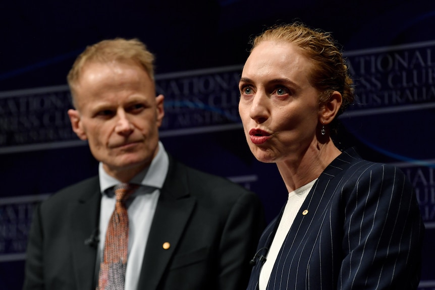 Richard Scolyer and Georgina Long addressing the National Press Club