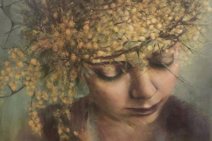 A painting of a young girl's face, with a halo of wattle flowers around her face.