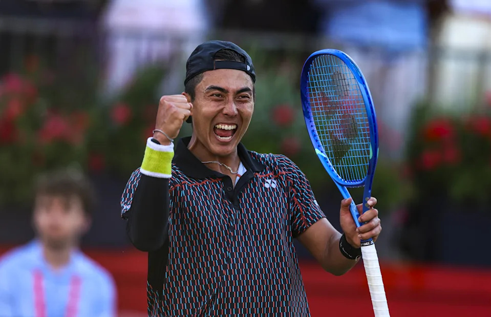 Seen here, Australia's Rinky Hijikata celebrating his shock second round victory over Czech World No.12 Jiri Lehecka at Queen's.