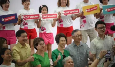 (From left) South West CDC vice-chairman Ang Wei Neng, Central Singapore District Mayor Denise Phua, South West District Mayor Low Yen Ling, DPM Gan Kim Yong and North East District Mayor Baey Yam Keng at the launch of the CDC voucher scheme on June 11.