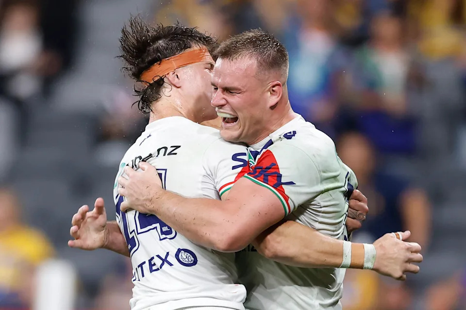Jackson Ford celebrates a try. (Photo by Darrian Traynor/Getty Images)