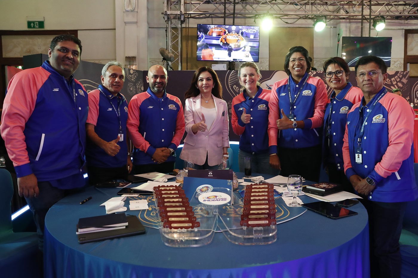 Edwards (fourth from right) is part of the Mumbai Indians brains trust in the WPL, having coached them to two titles Edwards (fourth from right) is part of the Mumbai Indians brains trust in the WPL, having coached them to two titles