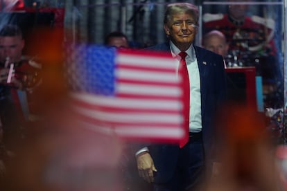 El presidente Trump, este miércoles, durante el mitin con el que quedó inaugurada la feria.