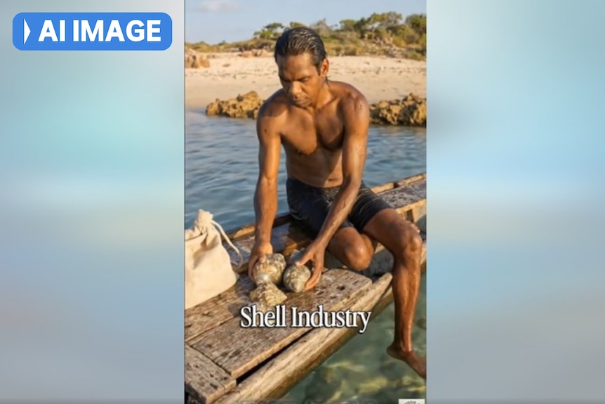 An Indigenous man sits on a pier above water and holds what look like large shells. The words "Shell industry" appear.