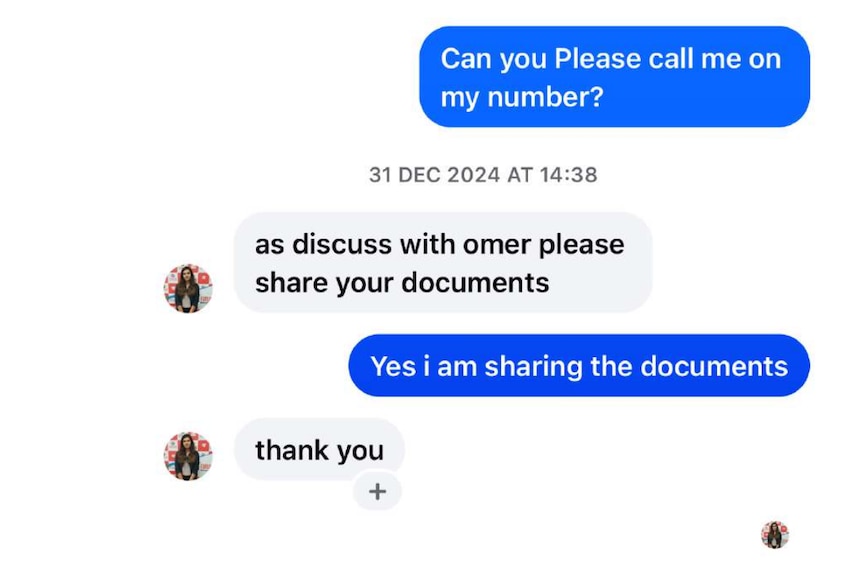 A blue and white messenger conversation in which a company employee says 'share your documents'.