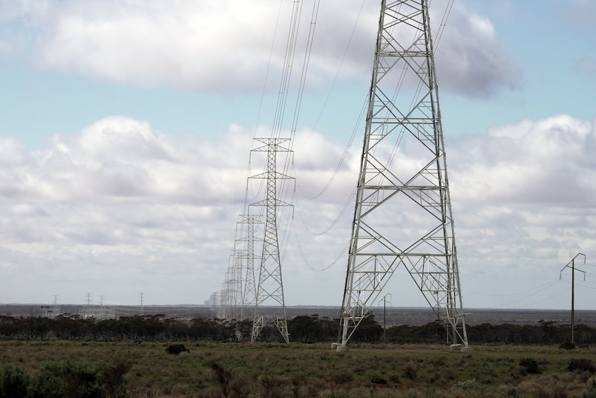 A long line of transmission towers in a country area.