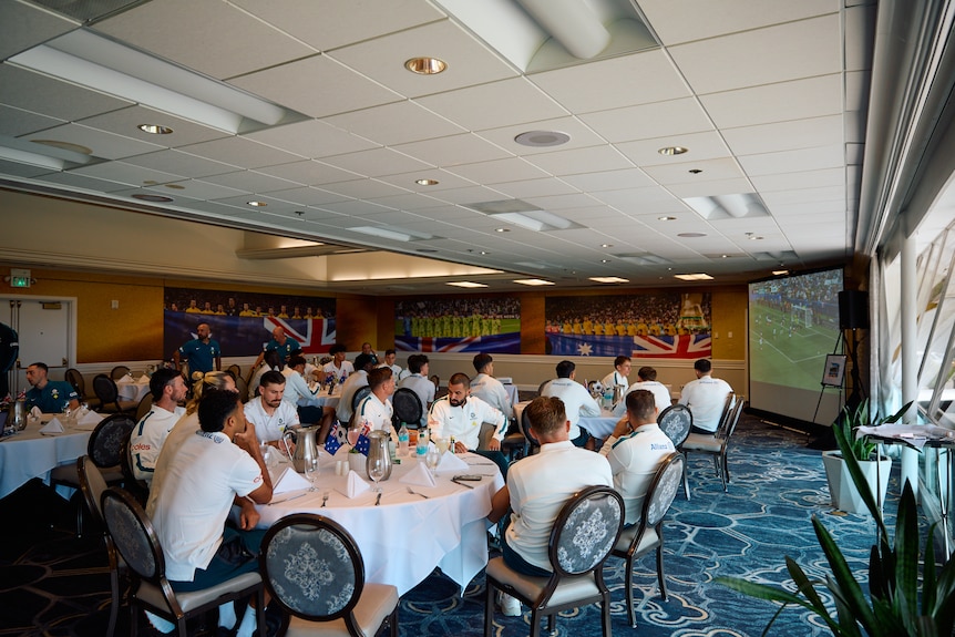 Socceroos players eat in the meal room of the team hotel during the 2026 World Cup.