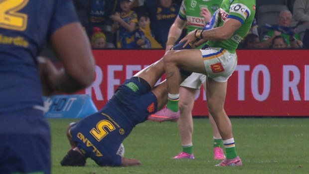 Josh Addo-Carr lashes his feet towards Xavier Savage.