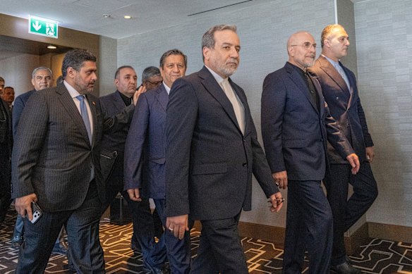 Iranian Foreign Minister Abbas Araghchi (third from right) and Speaker of the Islamic Parliament of Iran, Mohammed Bagher Ghalibaf (second from right), at the summit.