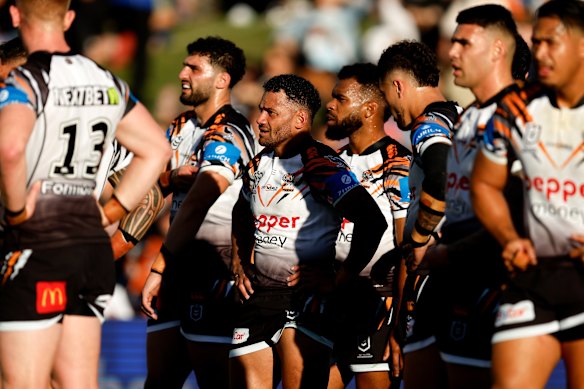 Api Koroisau and the Tigers look on after conceding a try.