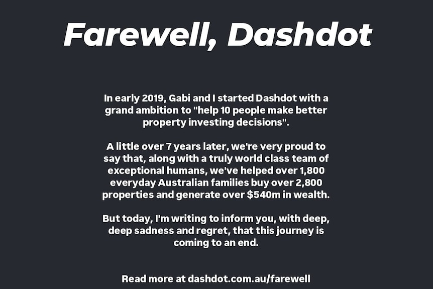 White text on a black background with a farewell message from Dashdot's founders.