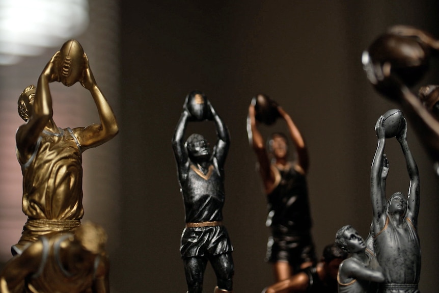 Five close-ups of AFL trophies. They are silver, bronze, and gold.