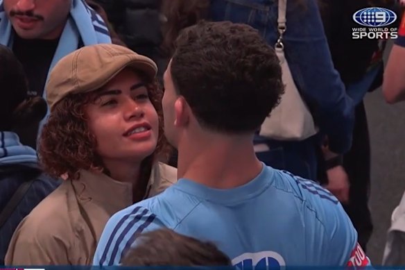 Mary Fowler comforts Nathan Cleary in the sheds after NSW’s big Origin defeat.