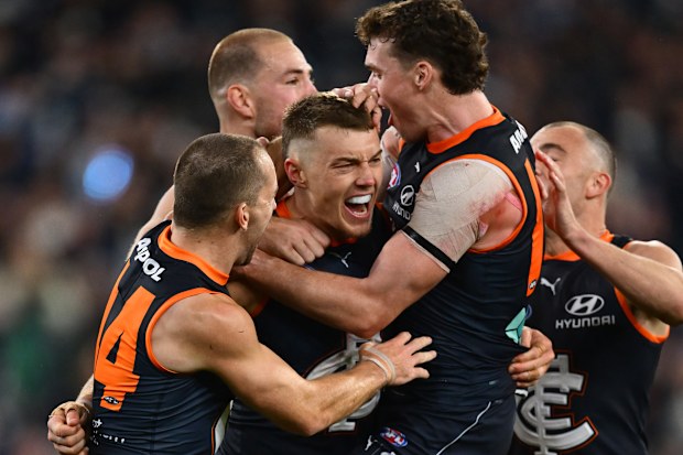 Patrick Cripps celebrates the winning goal.