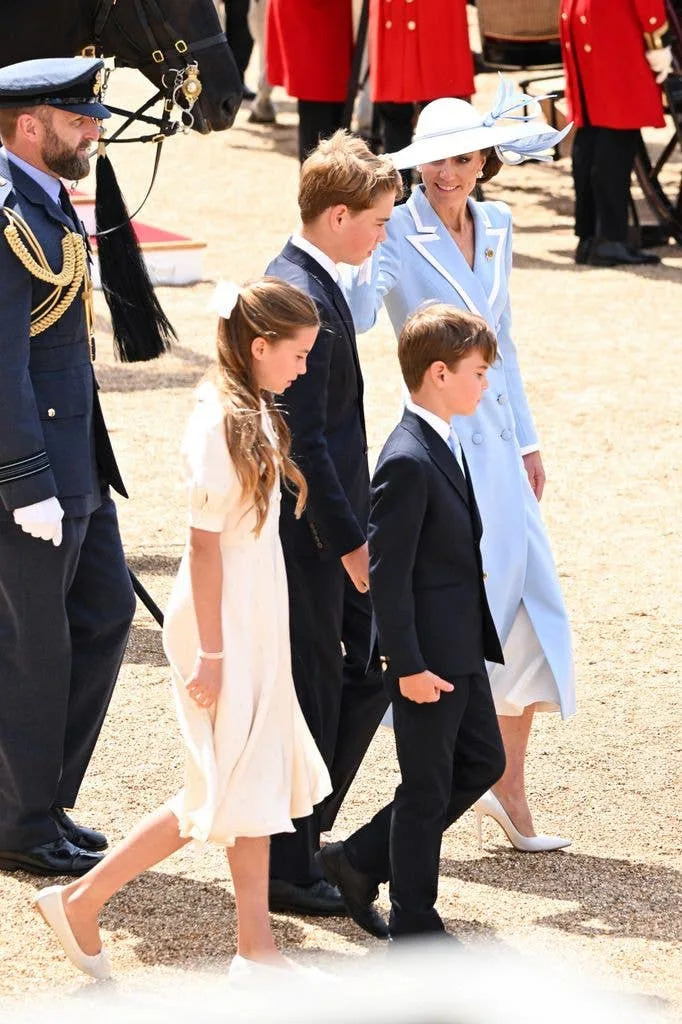 Princess Charlotte of Wales, Prince George of Wales, Catherine, Princess of Wales and Prince Louis of Wales during Trooping The Colour on June 13, 2026 in London, England.