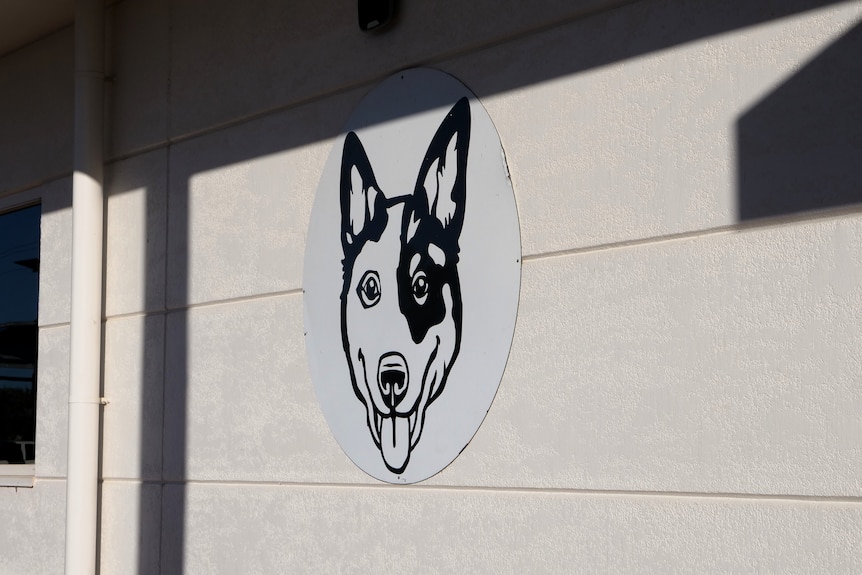 picture of a black and white dog on the side of a pub