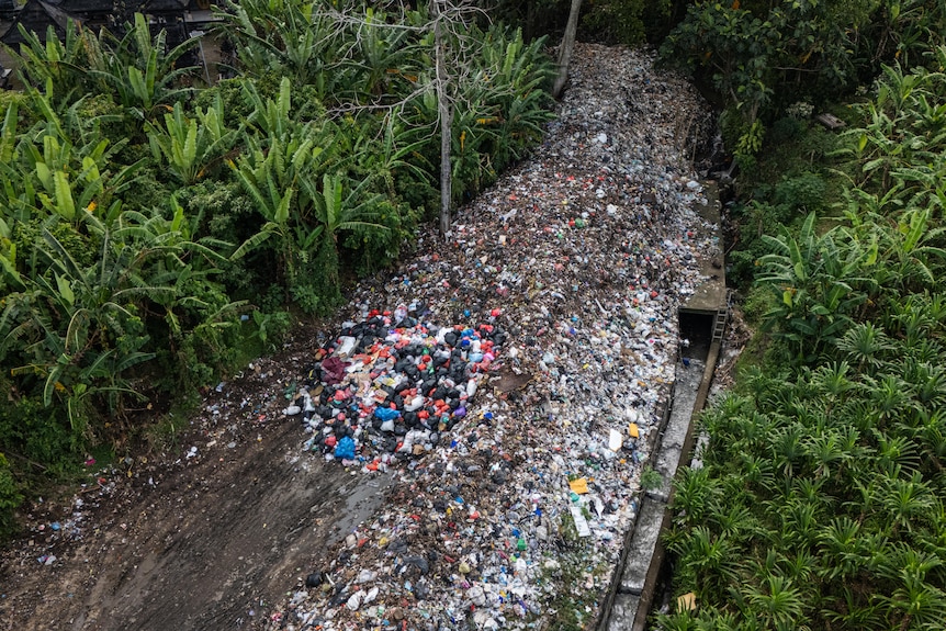 A view of a pile of trash stretchng through land in Buduk.