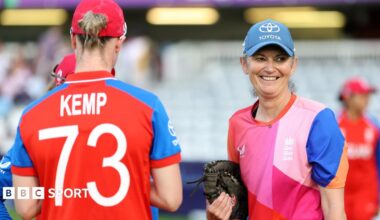 England batters Danni Wyatt-Hodge and Sophia Dunkley celebrate victory
