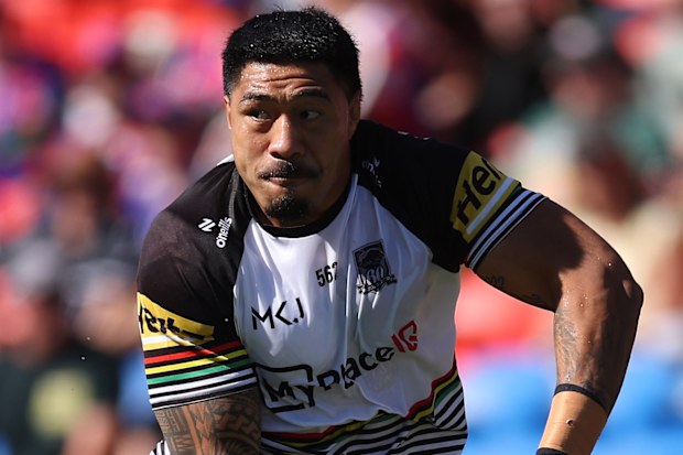 NEWCASTLE, AUSTRALIA - APRIL 26: Moses Leota of the Panthers warming up prior to play during the round eight NRL match between Newcastle Knights and Penrith Panthers at McDonald Jones Stadium, on April 26, 2026, in Newcastle, Australia. (Photo by Scott Gardiner/Getty Images)