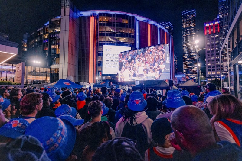 Knicks fans watch a recent game on giant screens outside Madison Square Garden. Photograph: José A Alvarado jnr/The New York Times