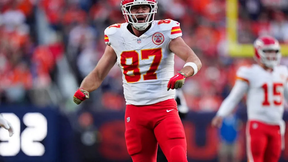 Nov 16, 2025; <a class="link " href="https://sports.yahoo.com/nfl/teams/denver/" data-i13n="sec:content-canvas;subsec:anchor_text;elm:context_link" data-ylk="slk:Denver;sec:content-canvas;subsec:anchor_text;elm:context_link;itc:0" data-yga="{"yLinkElement":"context_link","yModuleName":"content-canvas","yLinkText":"Denver","ySubModuleName":"anchor_text","yHasCommerce":false}">Denver</a>, Colorado, USA; Kansas City Chiefs tight end Travis Kelce (87) reacts in the third quarter against the <a class="link " href="https://sports.yahoo.com/nfl/teams/denver/" data-i13n="sec:content-canvas;subsec:anchor_text;elm:context_link" data-ylk="slk:Denver Broncos;sec:content-canvas;subsec:anchor_text;elm:context_link;itc:0" data-yga="{"yLinkElement":"context_link","yModuleName":"content-canvas","yLinkText":"Denver Broncos","ySubModuleName":"anchor_text","yHasCommerce":false}">Denver Broncos</a> at Empower Field at Mile High. Mandatory Credit: Ron Chenoy-Imagn Images