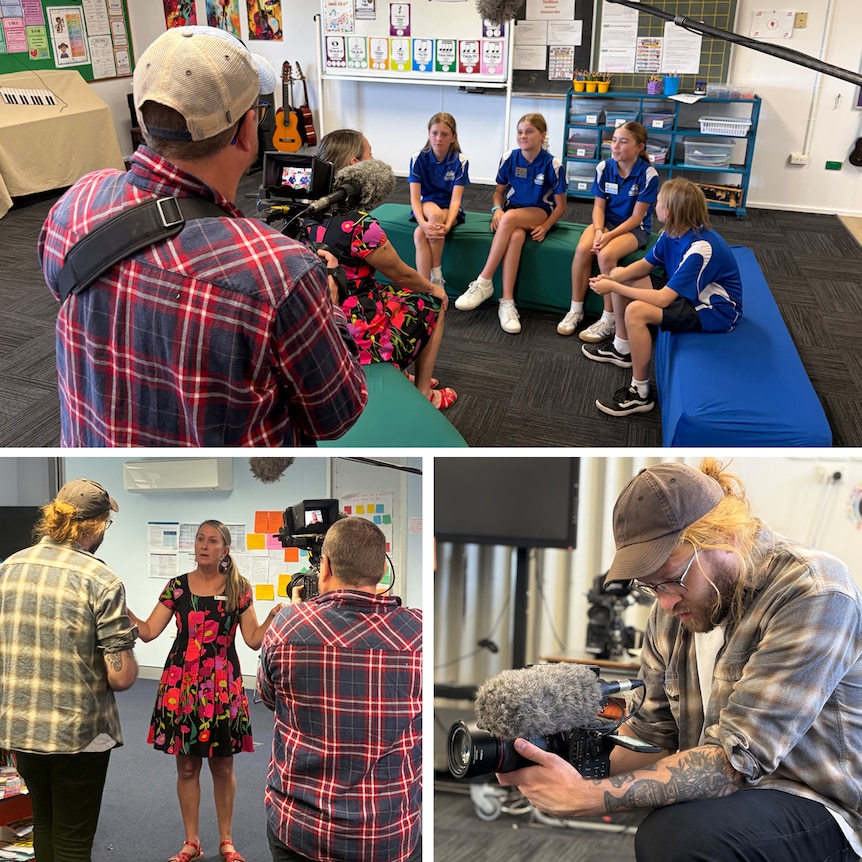 A group of photos involving a camera crew filming school students