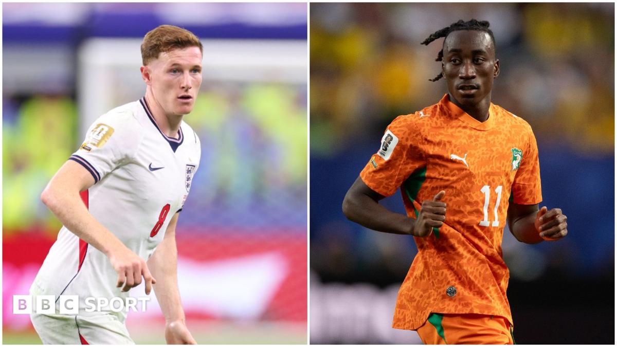 England and Nottingham Forest midfielder Elliot Anderson in white national team kit, while Liverpool target Yan Diomande represents Ivory Coast in their bright orange kit, with both players pictured in match action in a split image