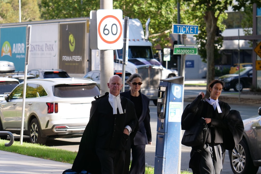 A group of lawyers walk up to court.