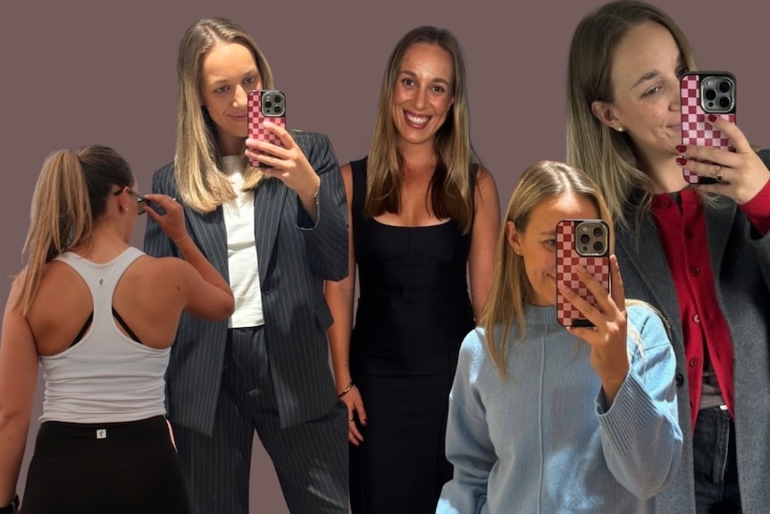 A collage of photos of a woman posing in a variety of woolen clothing