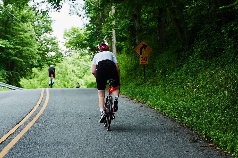Cyclists riding uphill on a tree-lined country road. Cyclists riding uphill on a tree-lined country road.