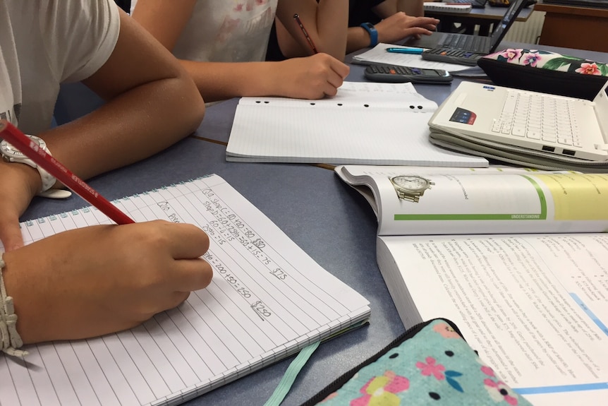 Teenage students solve maths problems in workbooks.