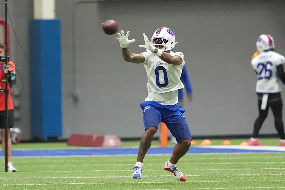 Jun 9, 2026; Orchard Park, NY, USA; Buffalo Bills wide receiver Keon Coleman (0) makes a catch during Buffalo Bills Minicamp. Mandatory Credit: Gregory Fisher-Imagn Images