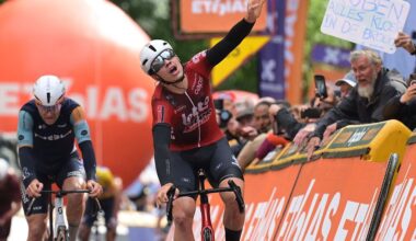 Belgian Arnaud De Lie of Lotto-Intermarche celebrates as he crosses the finish line to win the fourth stage of the Tour De Wallonie