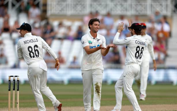 Zak Foulkes of New Zealand celebrates taking the wicket of Harry Brook.