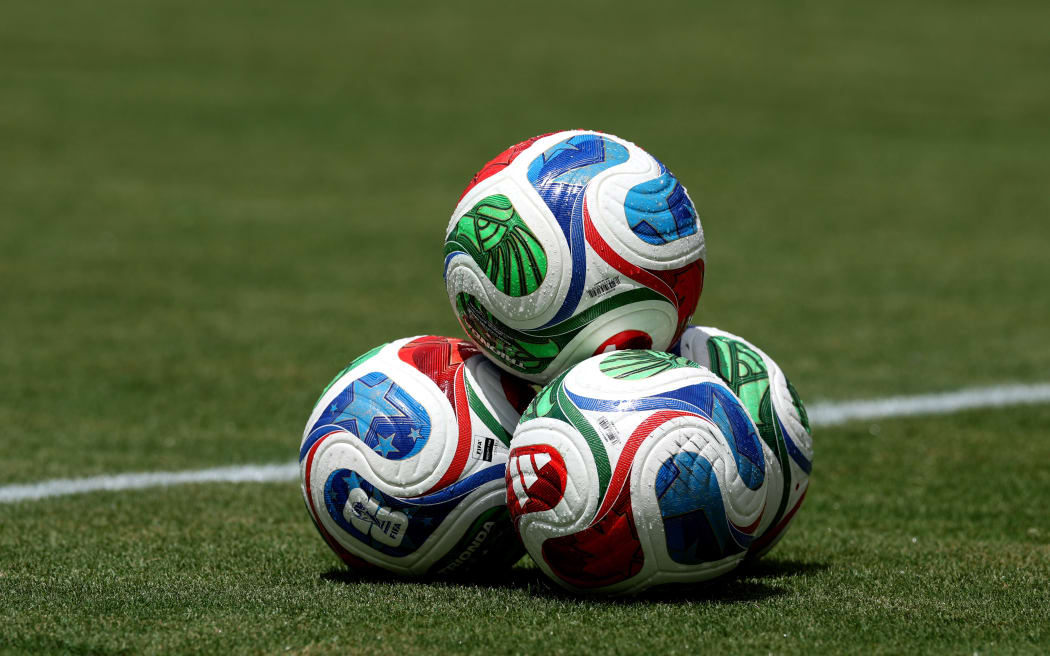TAMPA, FLORIDA - JUNE 06: A detailed view of adidas TRIONDA FIFA World Cup match balls prior to the international friendly match between England and New Zealand at Raymond James Stadium on June 06, 2026 in Tampa, Florida. (Photo by Richard Pelham/Getty Images)