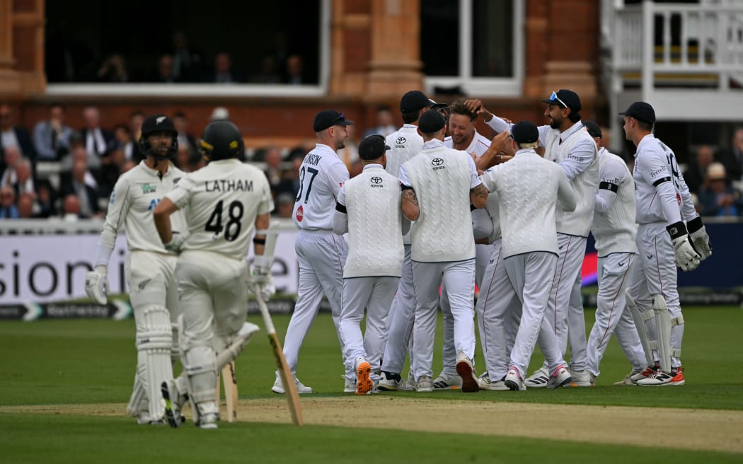 England celebrate a wicket during the first test at Lord's.