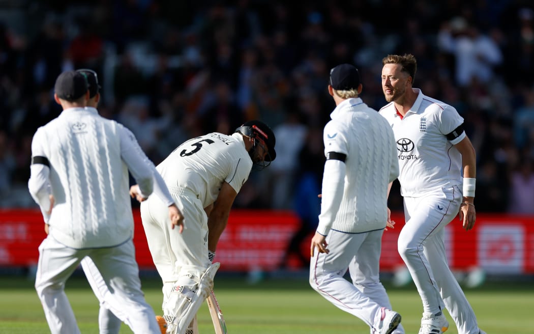Ollie Robinson of England celebrates bowling out Daryl Mitchell of New Zealand. Lord's. 2026.