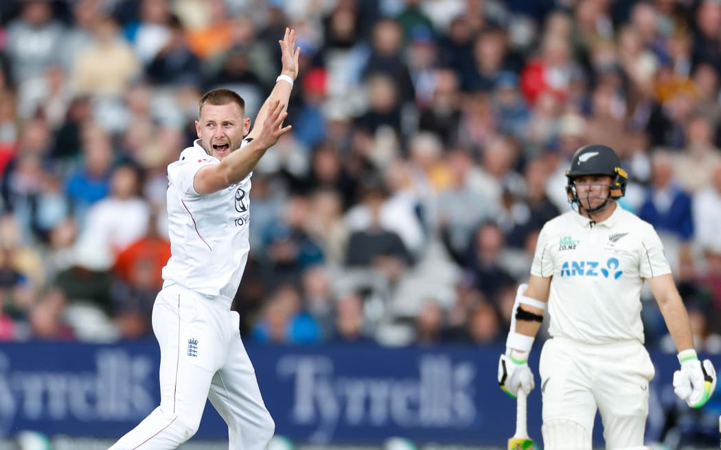 Gus Atkinson of England appeals for LBW succesfully bowling to Tom Latham the New Zealand captain. England v New Zealand Blackcaps, Day 1 of the 1st Test cricket match at Lords, London, England on Thursday 4 June 2026.
New Zealand tour of England.
Photo: Matthew Impey / Photosport