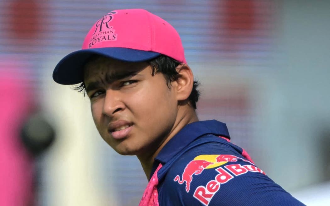 Rajasthan Royals' Vaibhav Suryavanshi looks on during the Indian Premier League (IPL) Twenty20 cricket match between Kolkata Knight Riders and Rajasthan Royals at the Eden Gardens in Kolkata on May 4, 2025. (Photo by DIBYANGSHU SARKAR / AFP)
