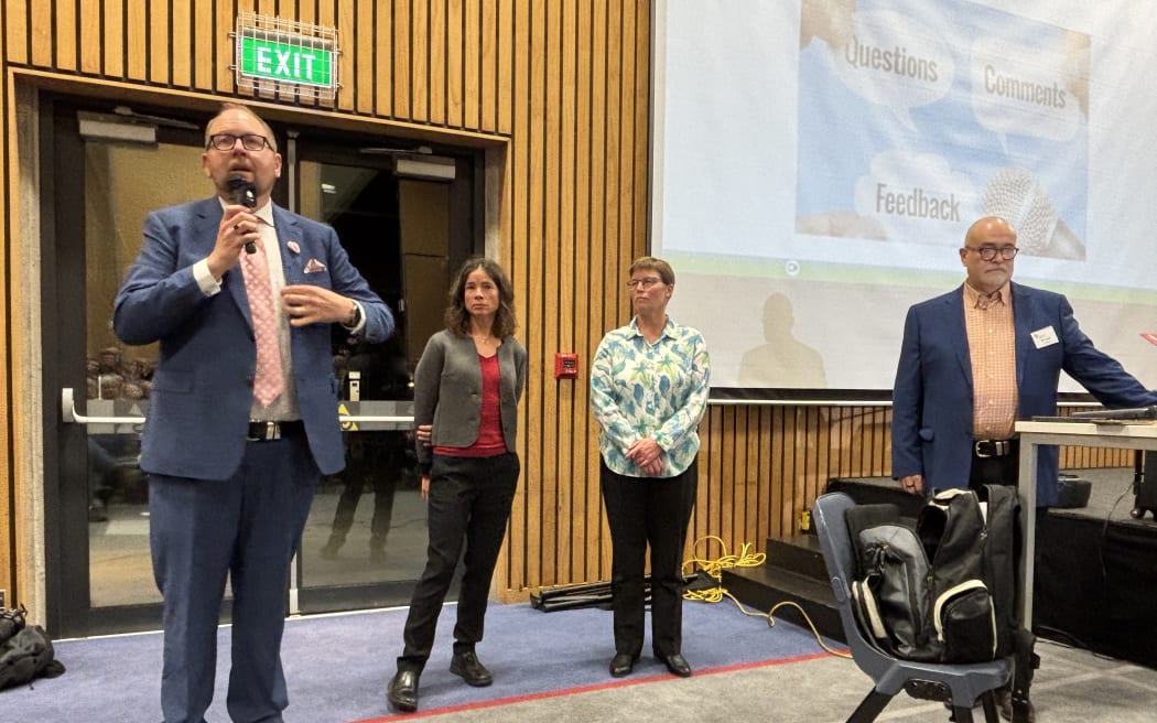 (From left) Waimakariri mayor Dan Gordon, Waimakariri district council planning staff Kelly LaValley and Wendy Harris, and Pegasus Residents Group president Matt James.