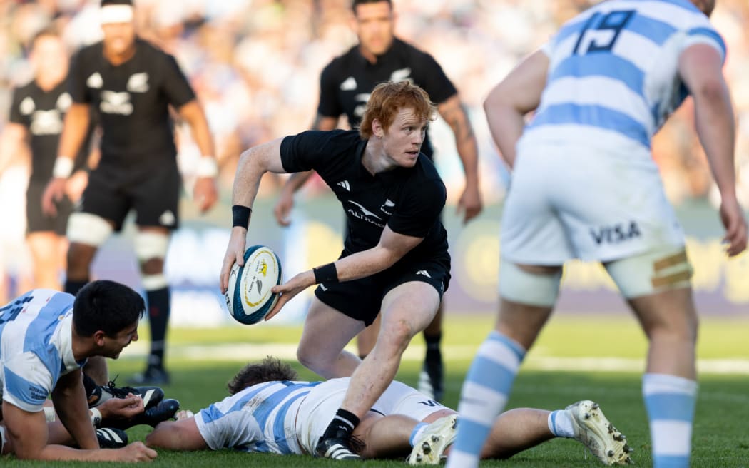 All Black halfback Finlay Christie in action against Argentina 2023.