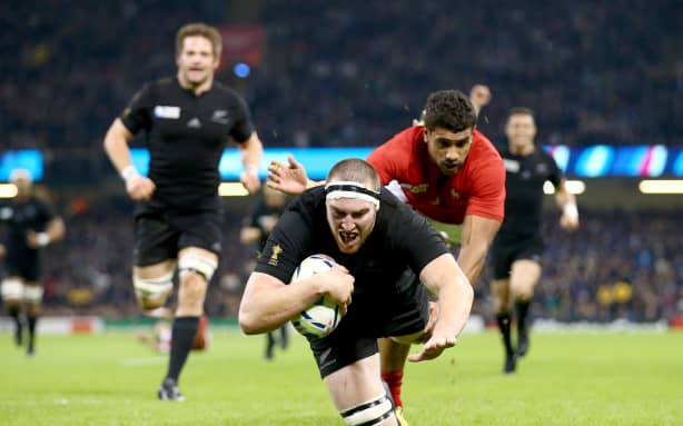 All Black lock Brodie Retallick scores the first try of the match during the 2015 Rugby World Cup Quarter Final against France in Cardiff.