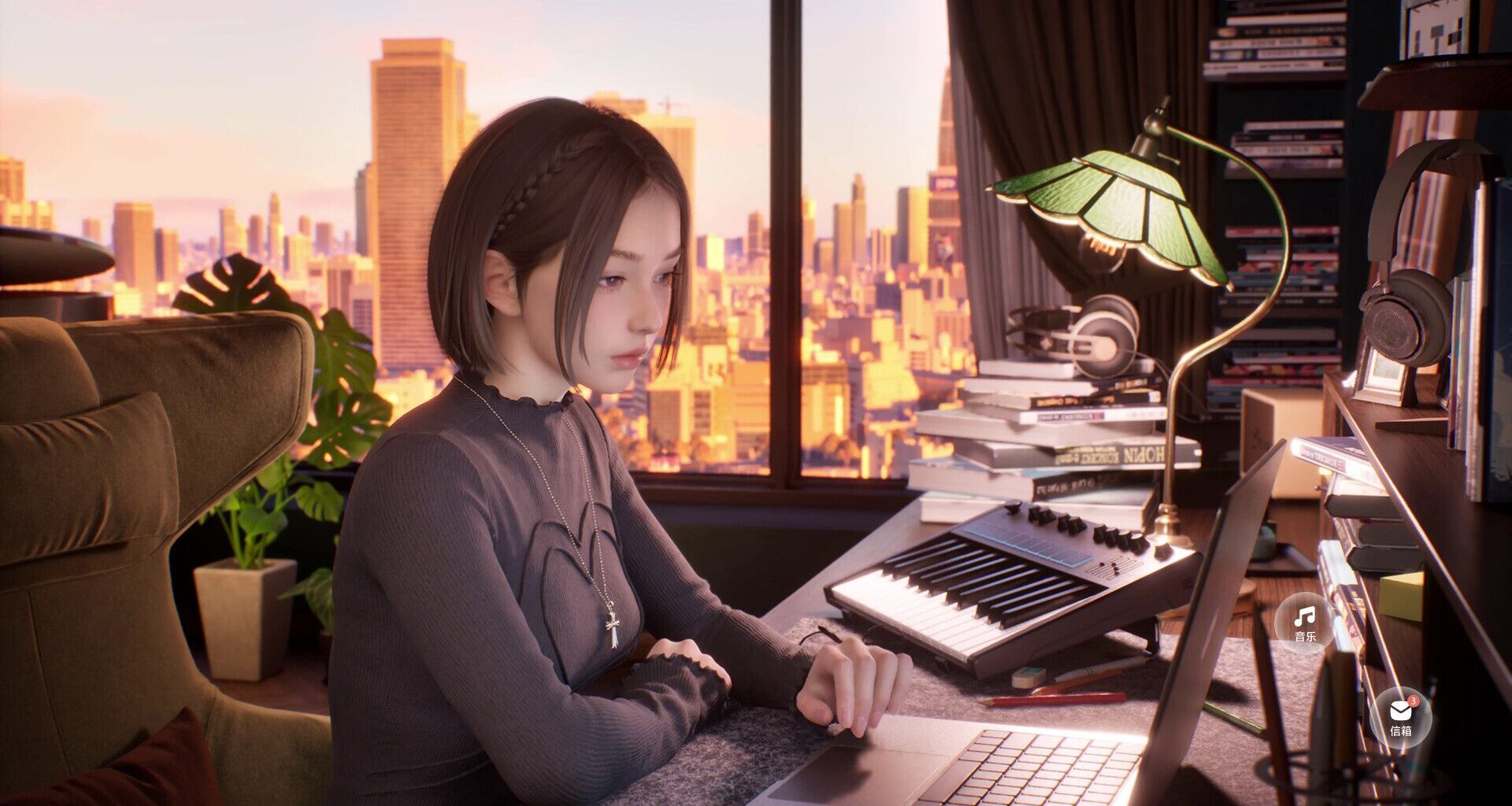 HoYo's Olivia Lin AI chatbot sat at a desk using a laptop in an apartment.