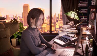 HoYo's Olivia Lin AI chatbot sat at a desk using a laptop in an apartment.